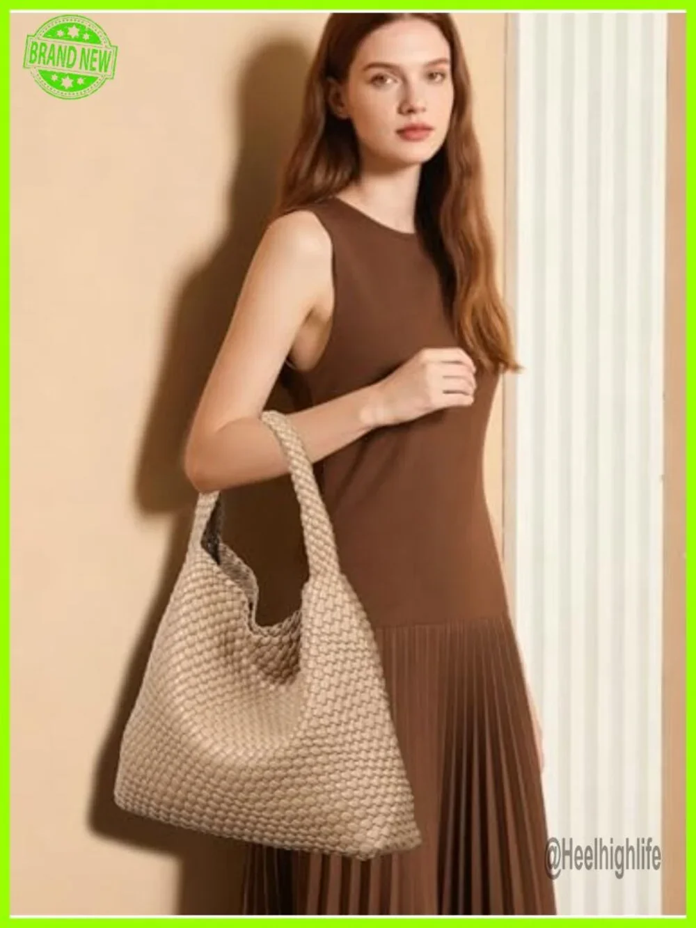 Woven Vegan Leather Tote Bag with Zippered Pouch, Hobo Shoulder Handbag